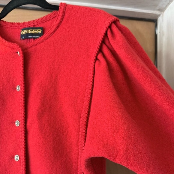 Vtg Geiger of Austria Wool Red Cardigan Jacket Puffed Sleeve S M L - Picture 10 of 15